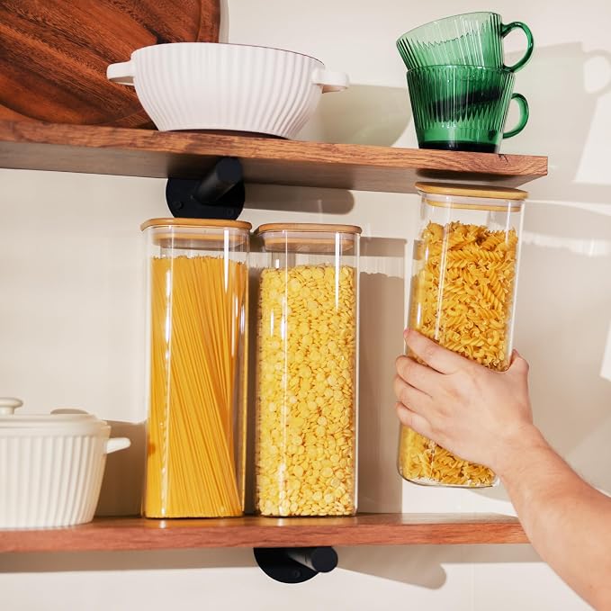 D2scrma 71oz Glass Square Storage Containers with Bamboo Lids Set of 3 (2100ml) Tall Food Storage Canisters Kitchen Jars for Pantry Organization Pasta, Penne, Macaroni, Lasagna, Fusilli