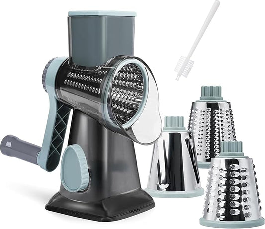 Cheese Grater Hand Crank, Manual Cheese Shredder with 3 Interchangeable Blades, Rotary Cheese Grater with Strong Suction Base, Easy to Use and Clean, GreyBlue