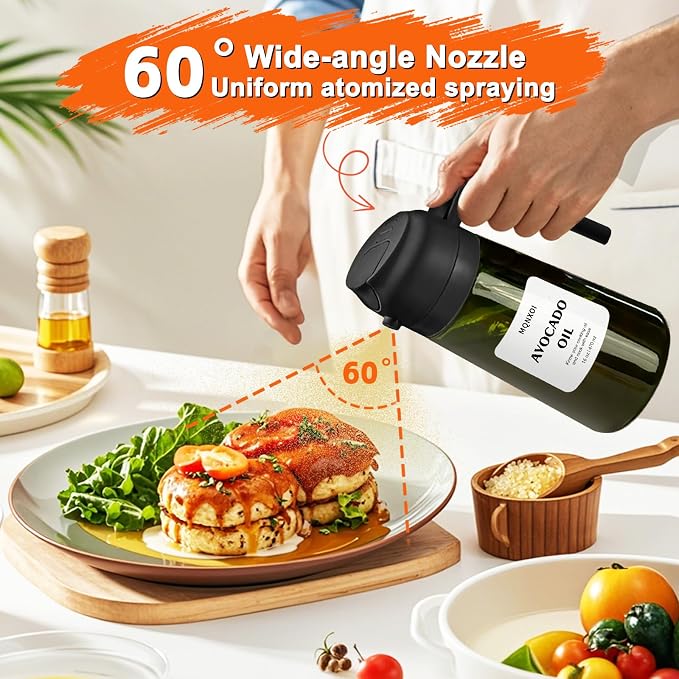 Olive Oil Sprayer for Cooking, 16oz Glass 2 in 1 Oil Dispenser Bottle | Light Blocking, BPA-Free Food Grade, Fine Mist Precise Control, Air Fryer BBQ Salad, Leakproof Anti-Clog, Pre-Printed Labels
