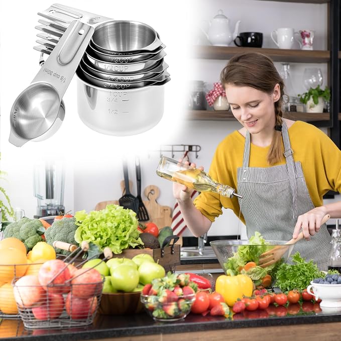 QWORK Stainless Steel Measuring Cups, Set of 7 Nesting Kitchen Tools for Cooking & Baking