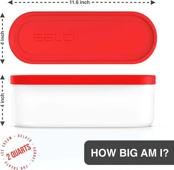 BALCI - Ice Cream Container - 2 Quart - Perfect Reusable Freezer Storage for Homemade Ice Cream Tubs for Sorbet, Frozen Yogurt and Gelato! - Flexible Silicone Lids, Long Scoop, Stackable - Red
