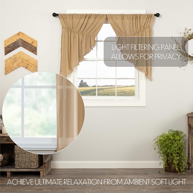 VHC Brands Primitive Farmhouse Kitchen Window Curtains-Tobacco Cloth Tan Fringed Prairie Swag Pair, x King, Khaki