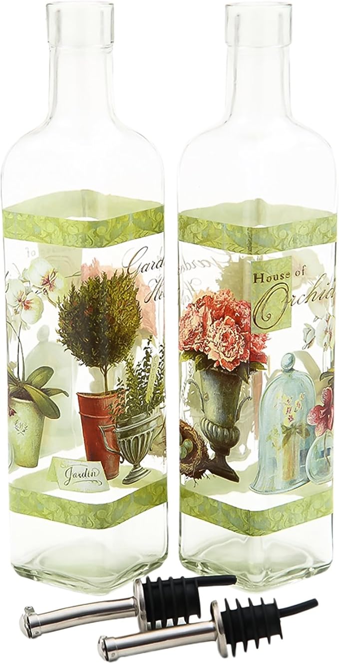 CEDAR HOME Olive Oil Bottle Set Glass Dispenser Vinegar Cruet 17oz. with Stainless Steel Leak Proof Pourer Spout for Cooking or Salad Dressing, 2 Pack, Green