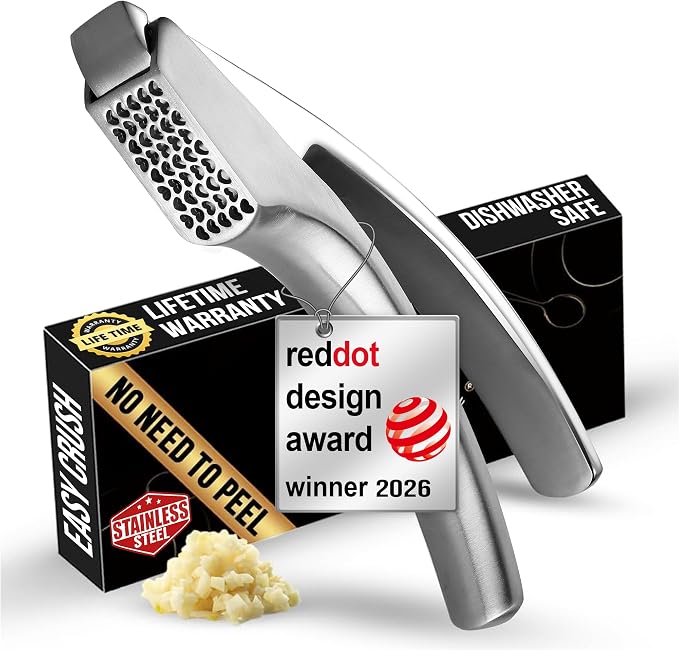 Lifetime Replacement Garlic Press Stainless Steel No Need to Peel, Detachable Handle for Coarse Mincing - Premium Garlic Mincer Tool, Rust-Proof, Easy to Clean, Dishwasher Safe Garlic Crusher