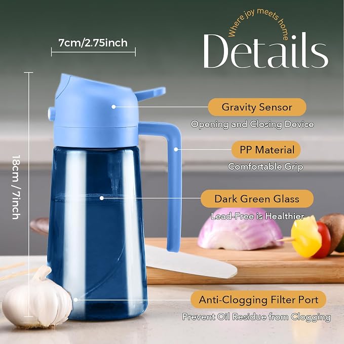 YARRAMATE 16oz/470ml Light-Blocking Dark Oil Sprayer for Cooking (Skyblue) | 2 in1 Olive Oil Dispenser Bottle for Kitchen, Premium Blue Glass Oil Bottle, Food-Grade Oil Mister for Air Fryer, BBQ