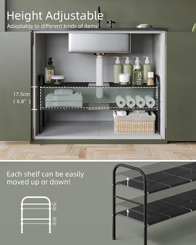 Under Sink Organizers and Storage,Expandable under cabinet organizer Shelf | 2 tier expandable shelf for kitchen,bathroom,shoe rack,8 Removable ABS Panels,Adjustable partition height,20.6-32.2" W,2 Pcs