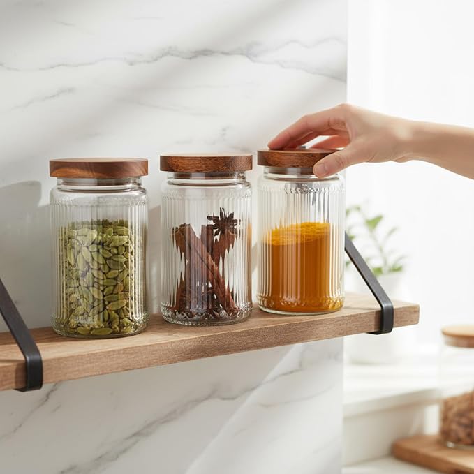 6 Pcs 1000ml/34 oz Vintage Glass Jars with Wood Lids | Airtight Ribbed Containers, Wood Lids for Coffee Beans Tea Sugar Flour Spices, Stackable Pantry Countertop Storage Organizer