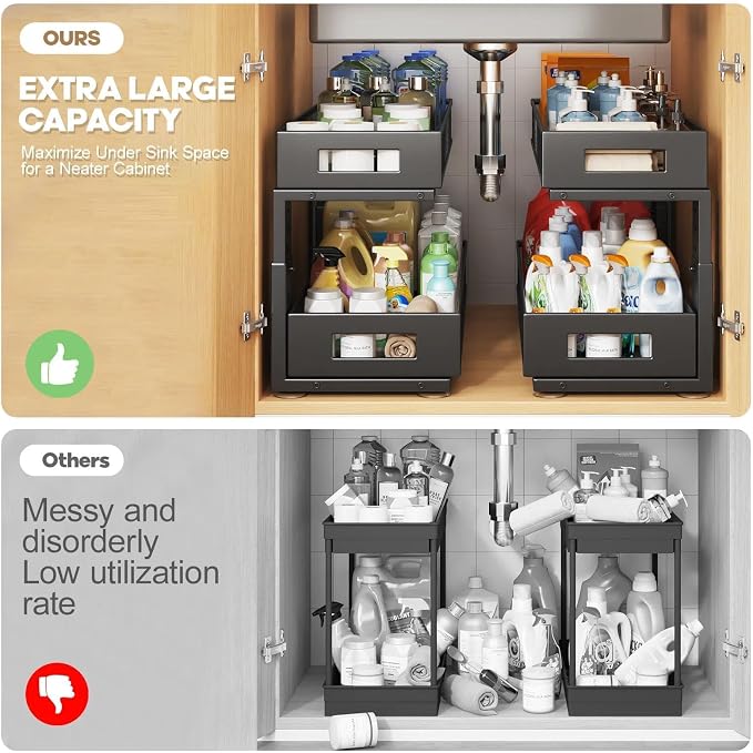 2 Packs 21IN Depth Under Sink Organizer, 2-Tier Pull Out Cabinet Organizer With Smooth Circular Rail, Large Capacity Metal Mesh Sliding Drawers For Bathroom& Kitchen Storage,Height Adjustable-Black