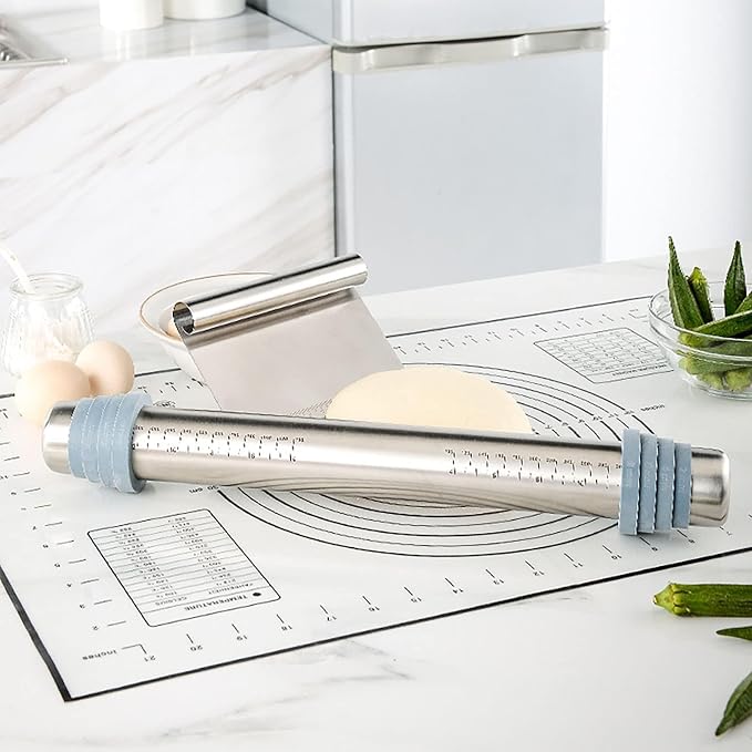 Rolling Pin & Silicone Baking Pastry Mat & Dough Pastry Bench Cutter Scraper Set, Rolling Pins with Adjustable Thickness Rings, for Baking Dough, Pizza, Pie, Pastries, Pasta, Cookies