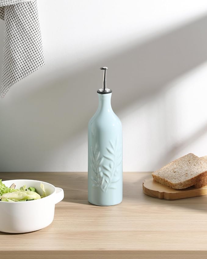 Sweejar Large Ceramic Olive Oil Dispenser Bottle, 24 Oz Relief Opaque Oil Cruet Protects Oil To Reduce Oxidation, Storage Vinegar, Soy Sauce, Coffee Syrup, Liquids, Set of 1(Light Blue)