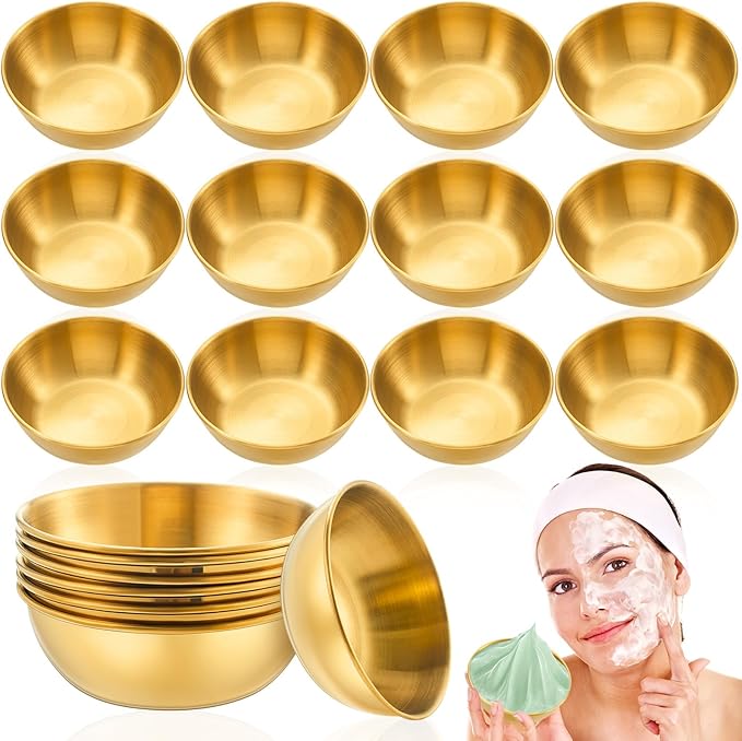 Teenyyou 12 Pcs 3.23 In DIY Face Mask Bowl Stainless Steel Esthetician Facial Mask Bowl Small Facial Esthetician Supplies for Women Skincare Products Lady Home Salon Cosmetic Beauty (Gold)