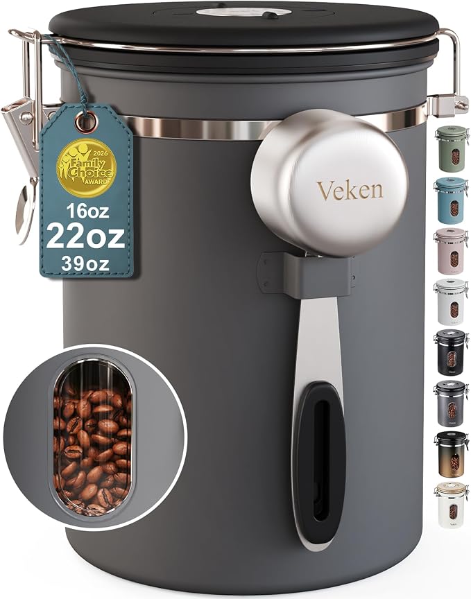 Veken Coffee Canister with Window, Airtight Stainless Steel Container, 22OZ | Date Tracker,Kitchen Food Storage Organizers for Beans, Ground, Espresso, Rice,Tea, Sugar,Cereal, Gifts,Lids,Jars, Scoop,Grey