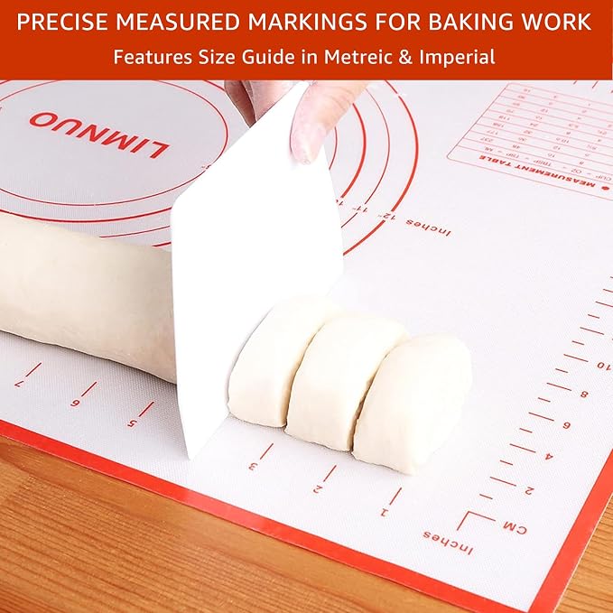 Silicone Baking Mat Dough Mat Non-Slip and Reusable Red | 0.7mm NewUpgraded Mat for Rolling Out Dough, Non Stick Silicone Mats with Measurements for Cookies, Macaroon, Bread, Pastry
