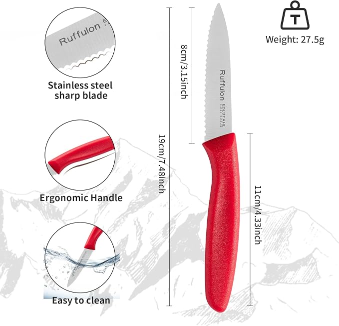 Stainless Steel Paring Knife With Serrated Blade, 6 Pieces Set Vegetable and Fruit Knife, Ultra Sharp Small Kitchen Knife, Red Paring Knives with PP Plastic Ergonomic Handle.