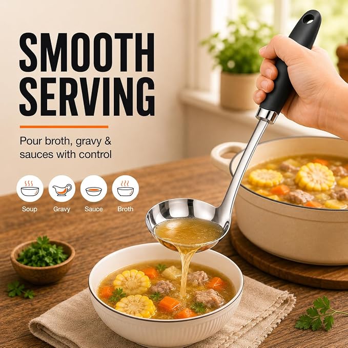 Stainless Steel Soup Ladle, 12 Inch Metal Ladle Spoon with Ergonomic Handle for Soup, Stew, Sauce, Chili, Gravy and Serving, Dishwasher Safe