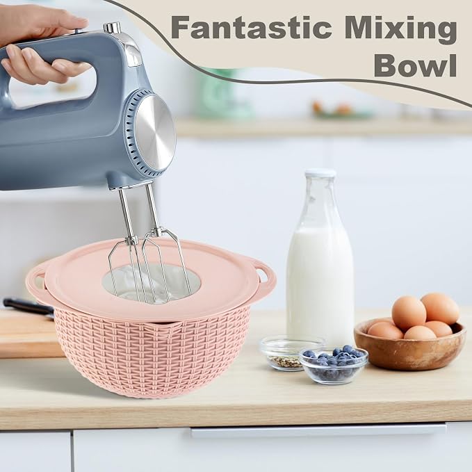 Colander with Mixing Bowl Set,Stainless Steel Colander, Food Strainers Colanders, Pasta Strainer, Rice Strainer, Fruit Cleaner, Veggie Wash, Salad Spinner, Strainers for Kitchen, Apartment(Pink)