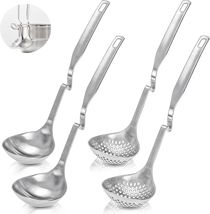 Peohud 4 Pack Soup Ladle Soup Colander, SUS304 Stainless Steel Slotted Hot Pot Ladle Strainer Scoops, Thickening Cooking Skimmer Cookware Utensil for Hotpot Scooping Sauce Serving, 12 Inch