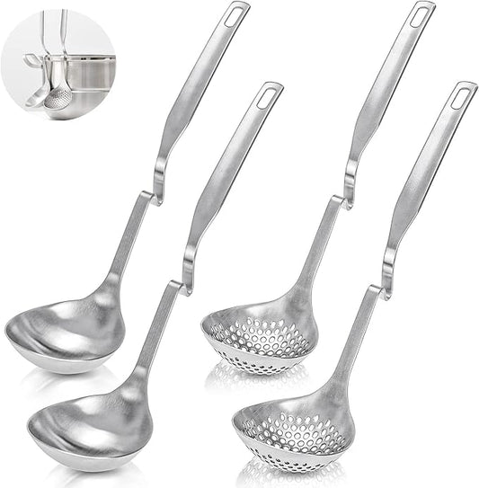 Peohud 4 Pack Soup Ladle Soup Colander, SUS304 Stainless Steel Slotted Hot Pot Ladle Strainer Scoops, Thickening Cooking Skimmer Cookware Utensil for Hotpot Scooping Sauce Serving, 12 Inch