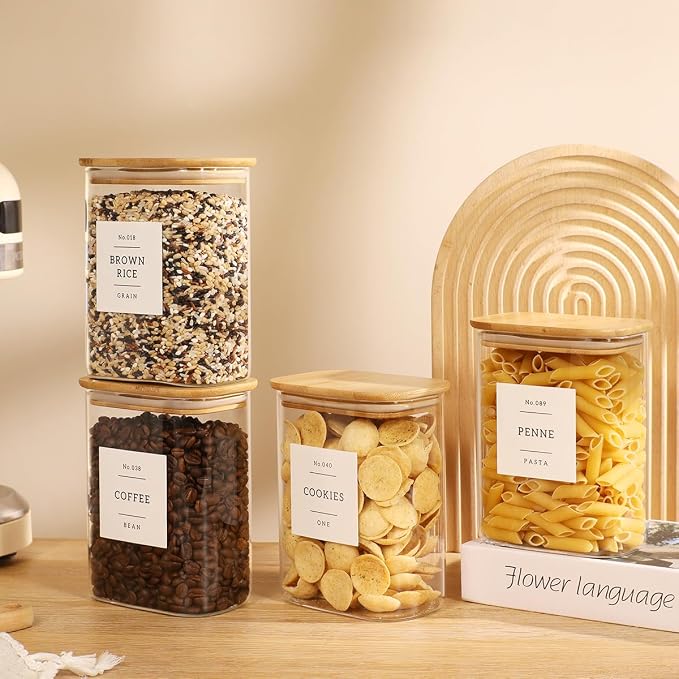4 Pack Square Glass Pantry Storage Containers with 132 Kitchen Food Pantry Labels - 34 floz Clear Glass Pantry Jars with Airtight Wood Bamboo Lids - Glass Canisters for Tea, Cereal, Coffee, Spice