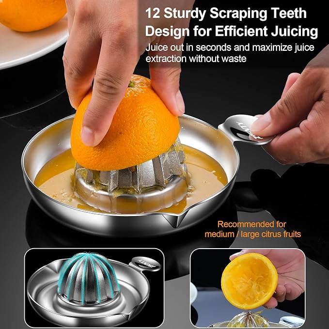 Lemon Squeezer Stainless Steel, Heavy Duty Manual Hand Juicer, Premium Citrus Reamer Juicer Rotation, Lime Orange Fruit Squeezer, 200ML Container 2 Pour Spouts, Dishwasher Safe（5-Year Warranty）
