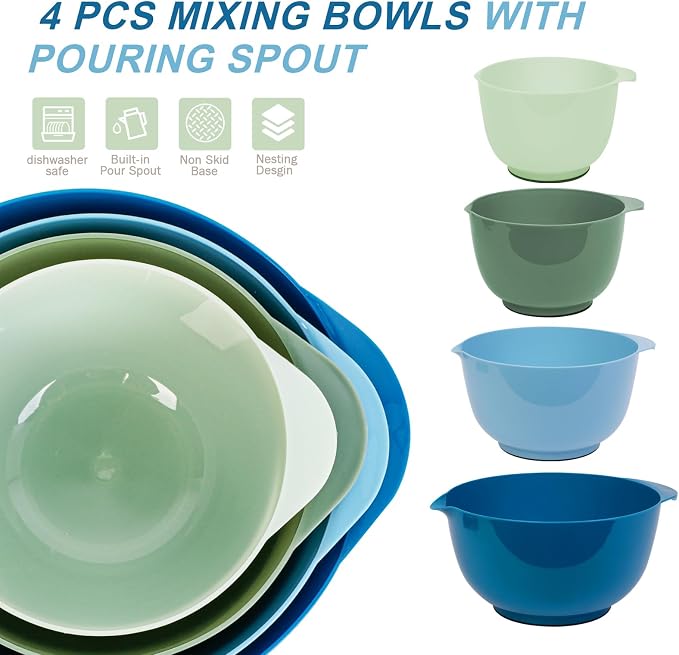 BoxedHome Classic Mixing Bowls Set of 4, BPA Free Plastic, Microwave Safe | 4.5, 3.5, 2.5 and 1.7 QT, Non-slip Base Large Non-toxic Nesting Bowl with Pour Spout, Dishwasher Safe, for Prep, Cooking