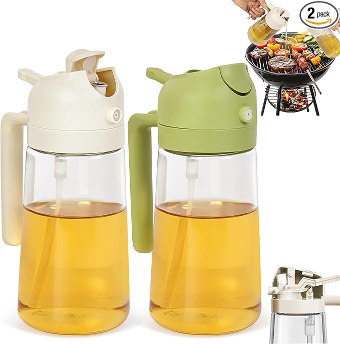 CJT 2 Pack Oil Dispenser Bottle for Kitchen, 2 in 1 Olive Oil Sprayer,16.5OZ/470ML Glass Oil Spray Bottle with Premium Nozzle for Cooking,Barbecue, Air Fryer, Salad(GREEN/WHITE)