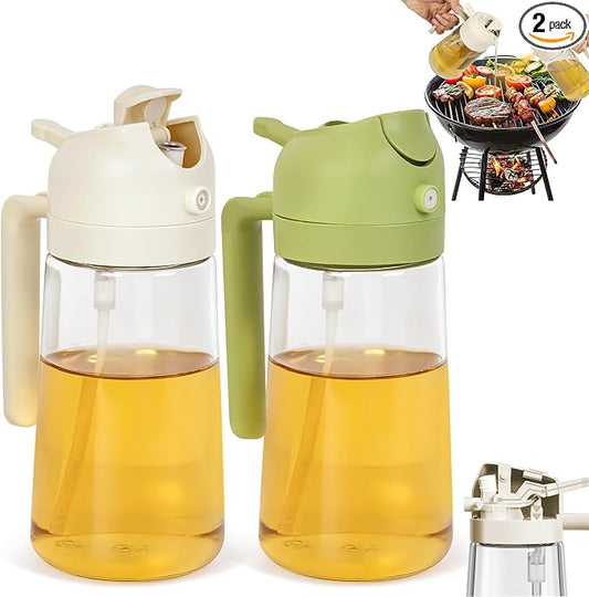 CJT 2 Pack Oil Dispenser Bottle for Kitchen, 2 in 1 Olive Oil Sprayer,16.5OZ/470ML Glass Oil Spray Bottle with Premium Nozzle for Cooking,Barbecue, Air Fryer, Salad(GREEN/WHITE)