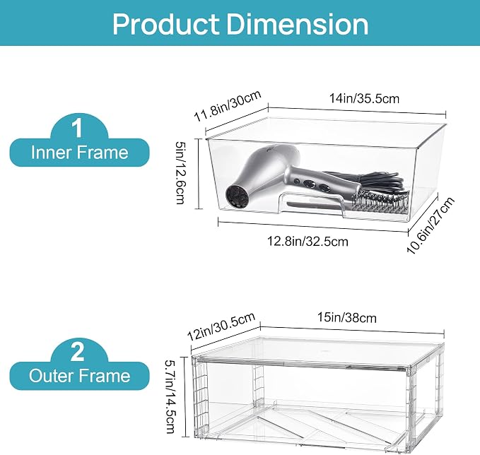 Vtopmart 4 Pack Large Clear Stackable Storage Drawers for Closet, Pantry | Easily Assemble Bathroom Closet Undersink Organizers,Plastic Bins for Cabinet,Kitchen Pantry,Medicine Organization