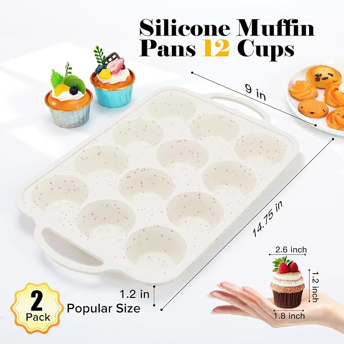 Silicone Muffin Pan, Metal Reinforced Frame Regular Size 2.8 Inch Cupcake Pan with Handle 12 Cups Nonstick Muffin Tray for Baking BPA Free 1 Pack Confetti