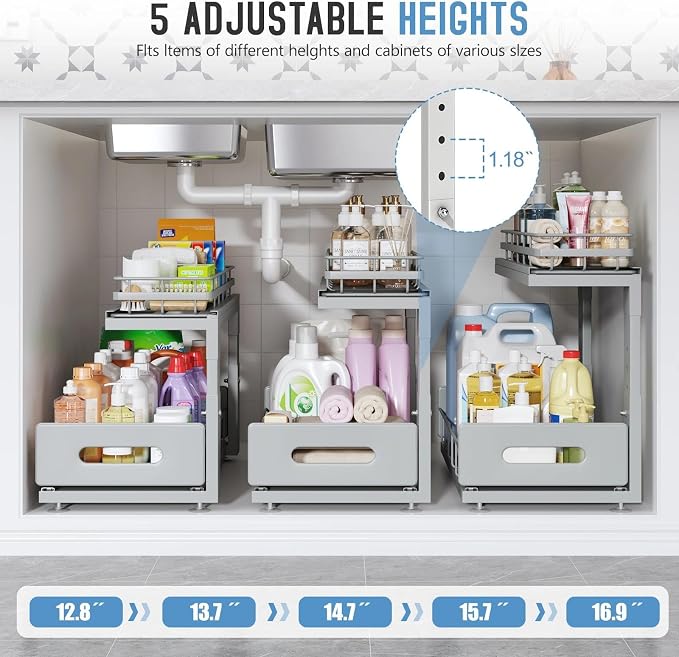 Under Sink Organizer Upgrade To Professional Rails,2-Tier Dual Pull Out Cabinet Storage,Height Adjustable Slide Out Drawers For Bathroom Kitchen,2 Pack-16.7"Dx12.8"-16.9"H,Gun Gray