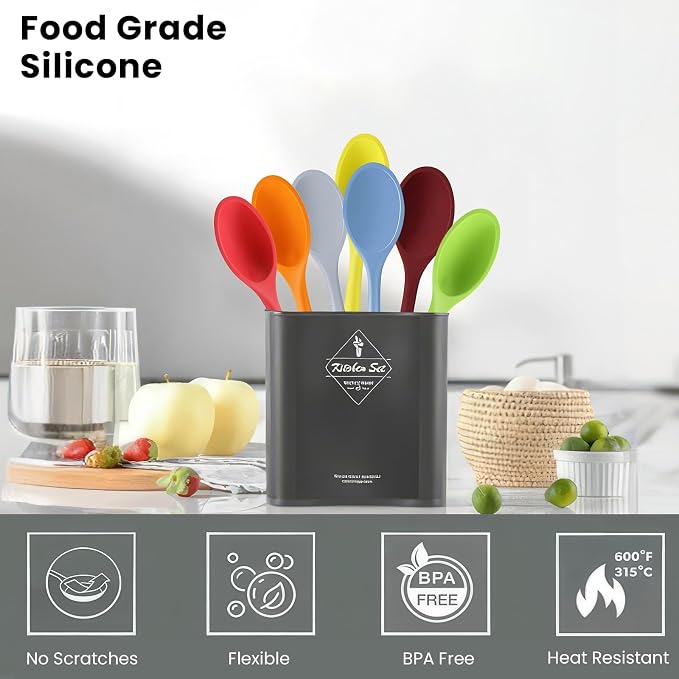 GEEKHOM Silicone Cooking Spoons, 4 Pieces 8" Heat Resistant Silicone Kitchen Utensils Set Serving Stirring Spoons for Non Stick Cooking, Mixing, Basting, Baking, Orange