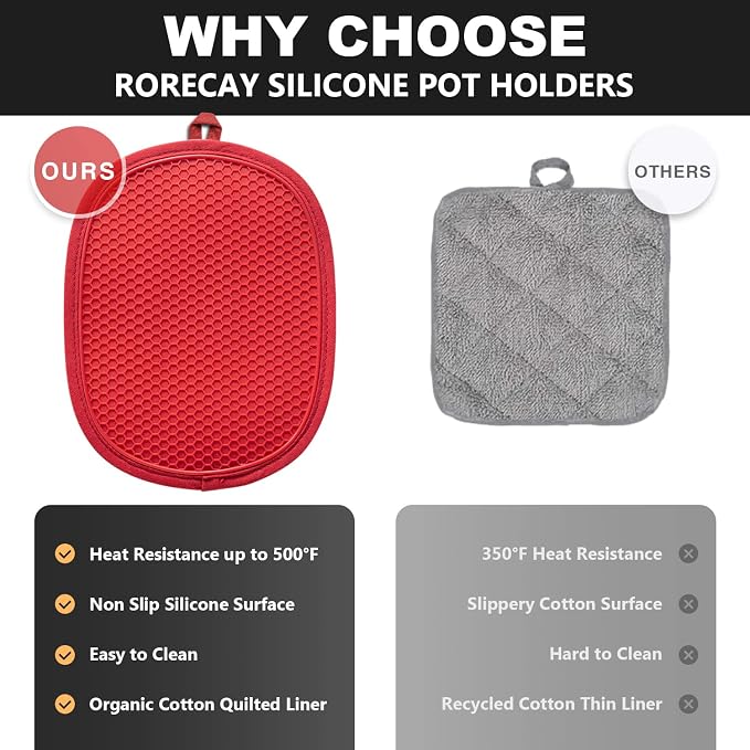 RORECAY 2-Pack Silicone Pot Holders for Kitchen, Hot Pads with Pocket, Red | Heat Resistant up to 500°F, Quilted Cotton Potholders, Non-Slip & Waterproof Trivets for Hot Pots, Pans, and Countertops