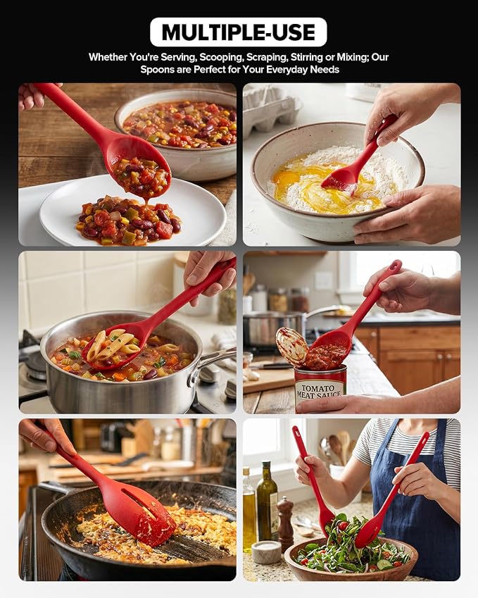 Silicone Cooking Spoons Set, Heat Resistant Kitchen Utensils, Non-Stick BPA Free Solid & Slotted Spoons for Mixing, Scooping, Draining, Serving, Basting (4 Pack) (RED)