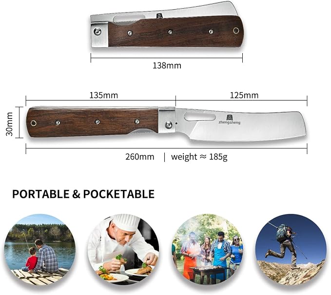 ZhengSheng Folding Chef Knife with Nylon Pouch 4.8" Sharp 440A Stainless Steel Blade Wooden Handle Pocket Foldable Japanese Style Kitchen Knife for Outdoor Camping Cooking