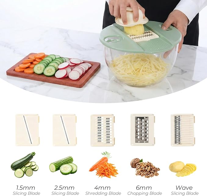 Salad Spinner Large with 5-Blade Slicer & Egg Yolk Strainer, Multifunctional Vegetable Fruit Washing Bowl 4.3 Qt for Efficient Kitchen Washing Drying & Shredding