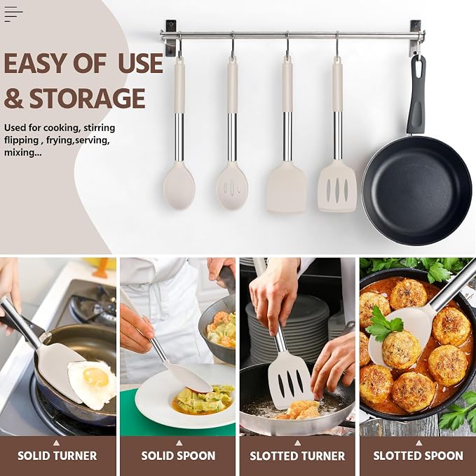 E-far Cooking Utensils Set of 4, Silicone Kitchen Utensils for Non-stick Cookware, Heat Resistant & Non-toxic Slotted Spatula Solid Spoon Turner for Flipping Mixing Serving Basting(Khaki)