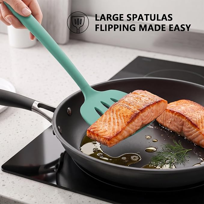 Coukre 3 Pack Silicone Spatula Set, High Heat Resistant, BPA-Free, Fish Spatula, Solid & Slotted Turner for Non-Stick Pans, Flipping Eggs, Pancakes, Fish, Burgers (3, PureAquaGreen)