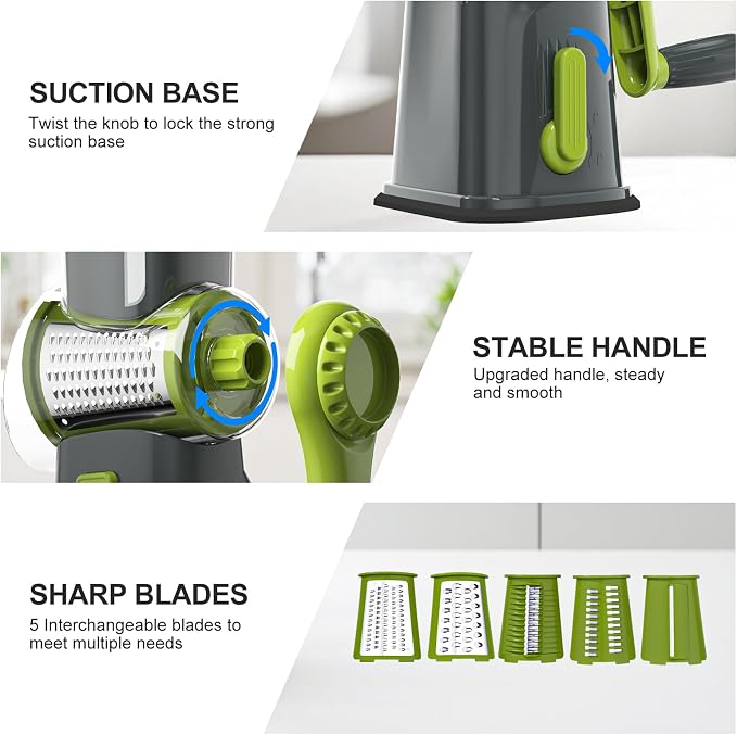 Ourokhome Rotary Cheese Grater Cheese Shredder with 5 Interchangeable Blades, Rotary Grater with Non-slip Suction Base Hand Crank Slicer for Vegetable Nuts Grey
