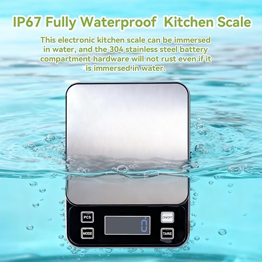 IP67 Waterproof Digital Kitchen Scale, 5kg/11lb Capacity with 0.1g Precision, Kitchen Scales for Food,USB Rechargeable Battery & 5 Units Conversion for Cooking, Baking - Food Scale