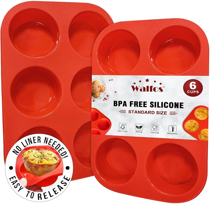 Walfos Silicone Muffin Pan - 6 Cup Non-Stick Silicone Cupcake Pan, Just Release! Food Grade and BPA Free Baking Cups, Perfect for Egg Muffin, Cupcake, Dishwasher Safe (2 Pack Muffin Pan)