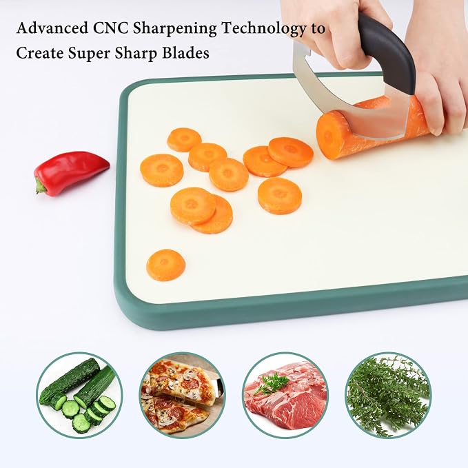 KITCHENDAO Super Sharp Pizza Cutter Mezzaluna Salad Chopper, Advanced CNC Sharpening Technology for Fast Chopping, Rocker Slicer Mincing Knife with Protective Cover, Chop Herbs Vegetables