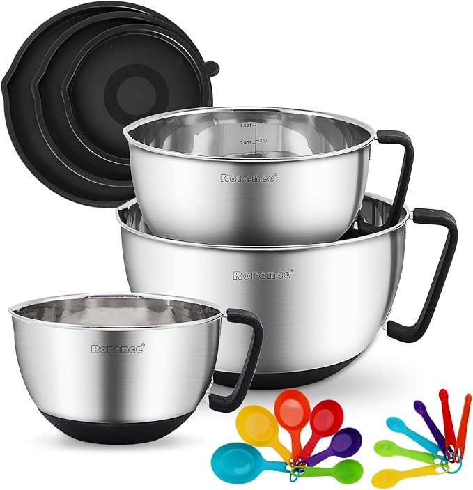 Rorence Stainless Steel Mixing Bowls Set: Metal Mixing Bowl with Lids and Handles Non-slip Silicone Bottom Nesting Bowls for Kitchen Set of 3