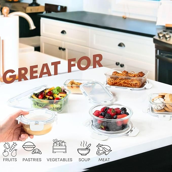 Razab 30 PC Glass Food Storage Containers with Lids - Reusable Glass Meal Prep Containers for Lunch and Leftovers - Airtight & Leakproof Snap Locking Lids - Oven, Freezer, Microwave, Dishwasher Safe