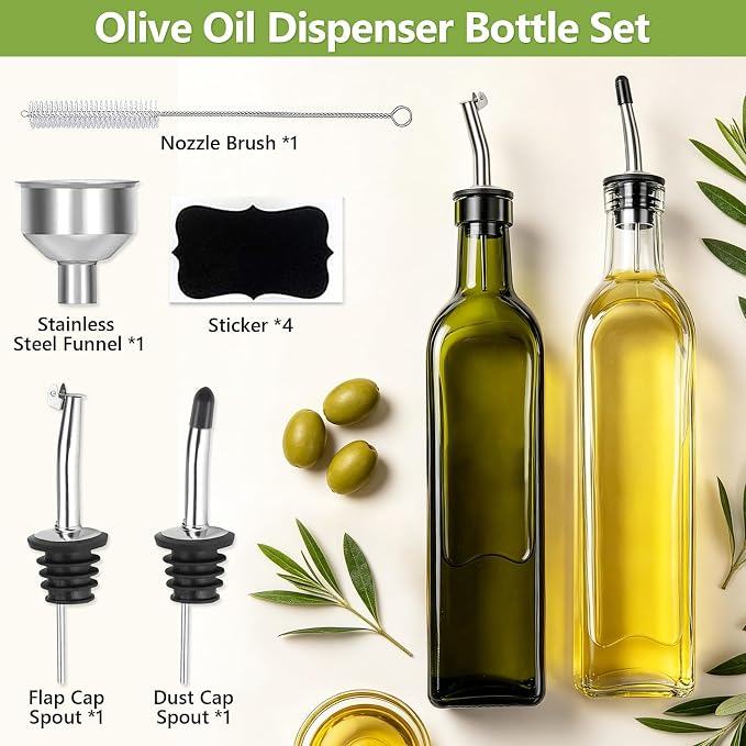 Leaflai Olive Oil Dispenser Bottle, 2 Pcs Glass Olive Oil Dispenser and Vinegar Dispenser Set with 2 Stainless Steel Pourers, 4 Labels,1 Brush and 1 Funnel Oil Bottles for Kitchen (500ml)