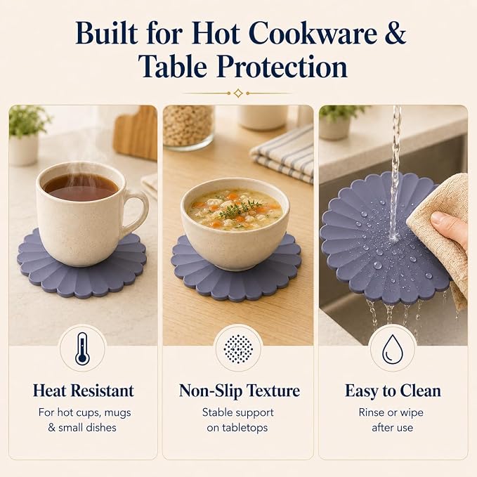 Heat-Resistant Silicone Trivet Mats, Non-Slip Hot Plate Holder for Kitchen Countertops & Dining Table, Reusable Pot Holder Pad with Secure Grip, Dishwasher Safe (Grey, Diameter: 18cm/7.09")
