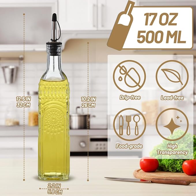 1-Pack Glass Oil Dispenser 500ML/17OZ, Vinegar Bottle with Stainless Steel Pourer, Brush, Funnel, Seal Cap (Sunflower)