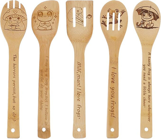 5PCS Frog Wooden Cooking Spoons Set Bamboo Cooking Spoons | Frog Kitchen Decor Housewarming Wedding Anniversary Thanksgiving Christmas for Mom Women Animal Lovers