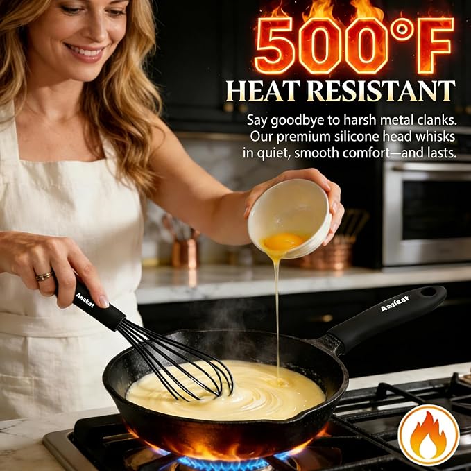 Anaeat Silicone Balloon Whisk, Perfect for Non-Stick Cookware, Milk and Egg Beater Blender, Heat Resistant Kitchen Whisks for Whisking, Cooking, Baking, Beating, Frothing & Stirring (Black)
