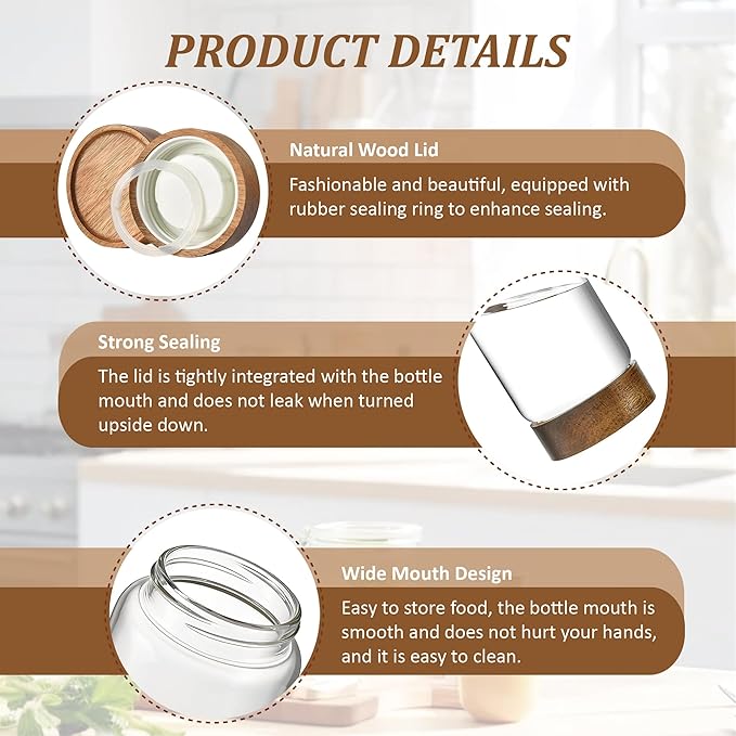 28 fl oz/850 ml Clear Glass Storage Canister with Airtight Wooden Screw Lid, Medium Cute Decorative Glass Container Jar for Coffee,Candy,Salt,Cookie,Condiment,Pepper,Sugar,Overnight Oatmeal