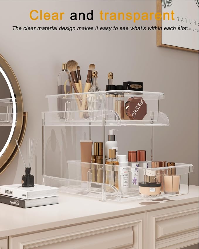 2-Pack 2-Tier Under Sink Organizers with Sliding Drawers | Multi-use kitchen & bathroom storage, 10.6 inch clear cabinet organizer, space-saving sliding drawer design.